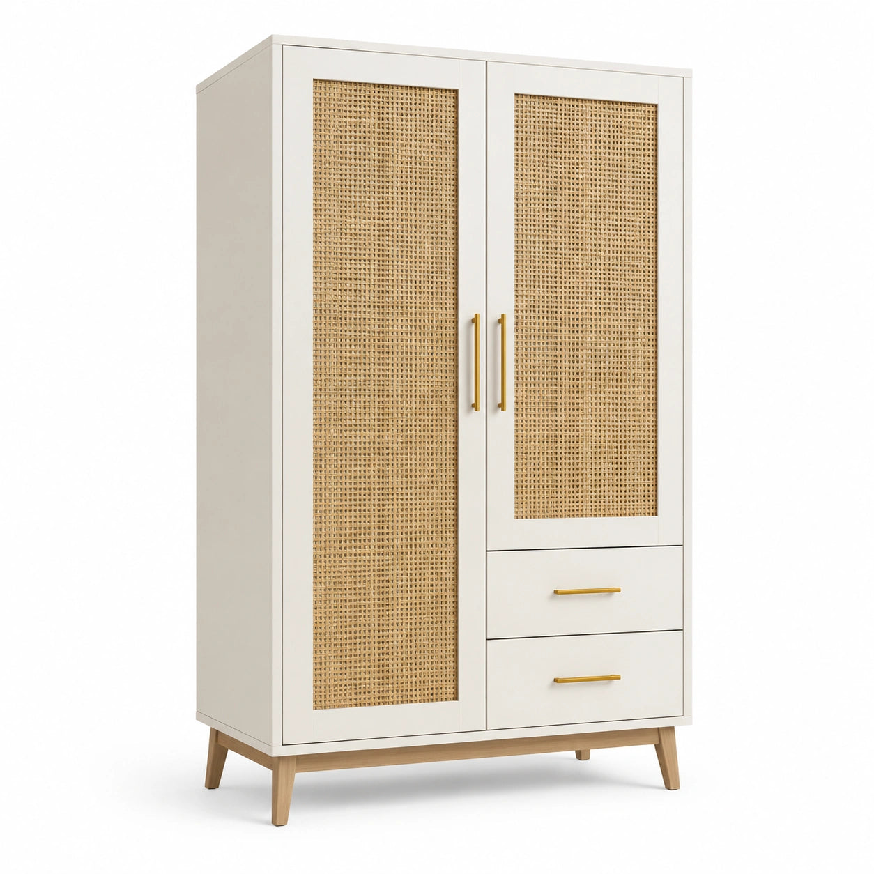 Armoire en bois avec portes en rotin naturel et tiroirs