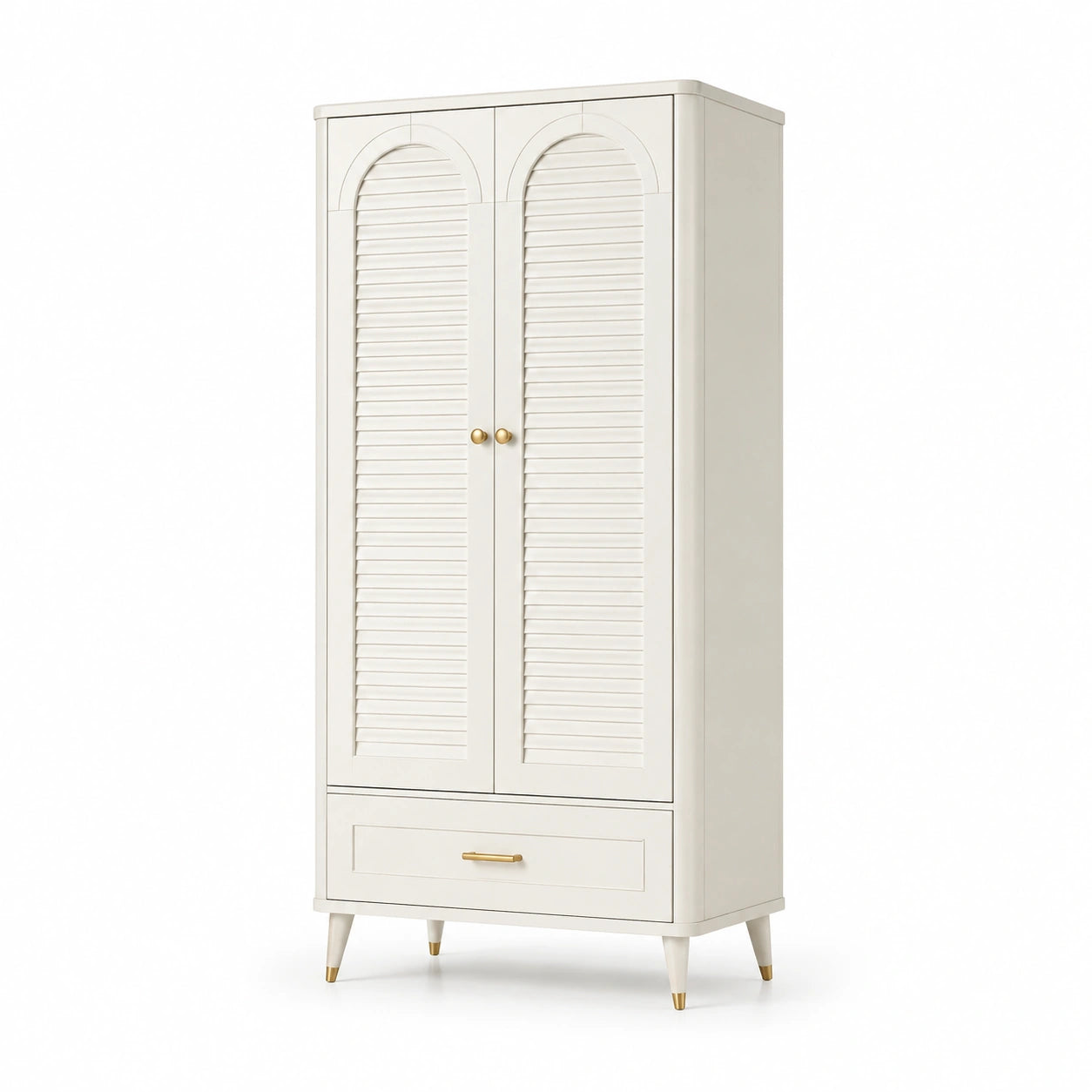 Armoire haute en bois avec portes persiennes et tiroir