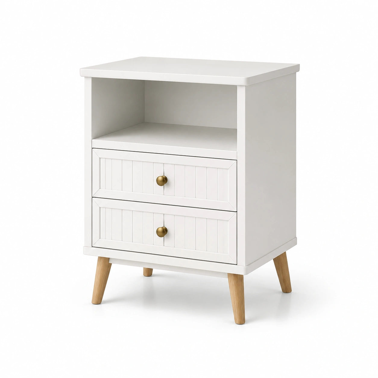 Table de chevet blanche en bois avec tiroirs et étagère