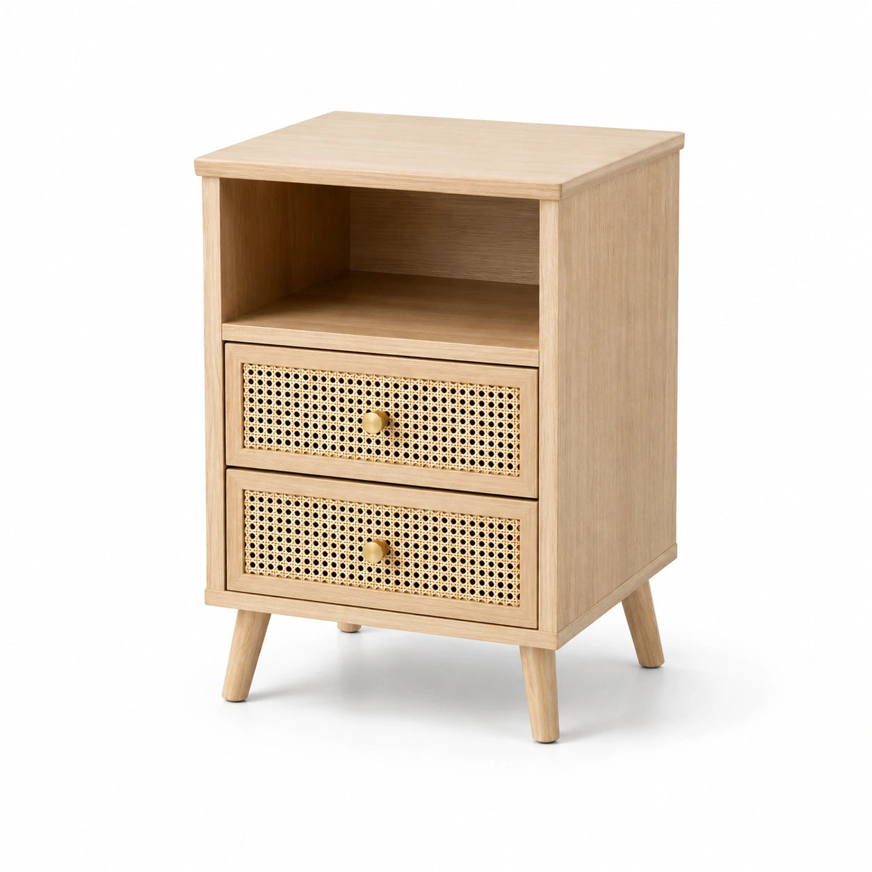 Table de chevet en bois et rotin avec 2 tiroirs