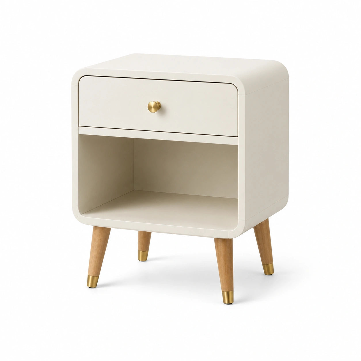 Table de chevet en bois et MDF beige avec pieds en bois 60cm x 45cm x 35cm