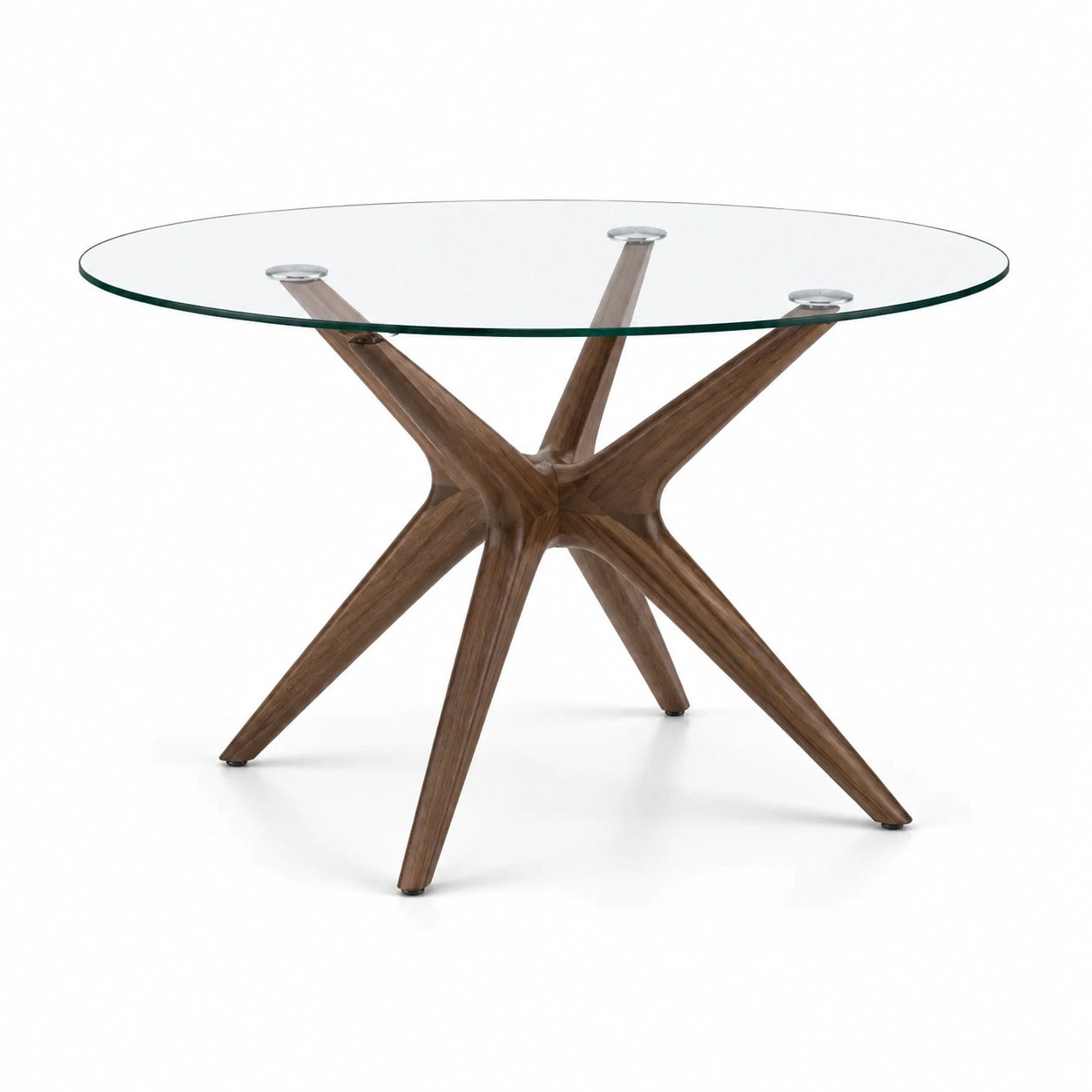 Table ronde en verre et noyer avec plateau de 120 cm