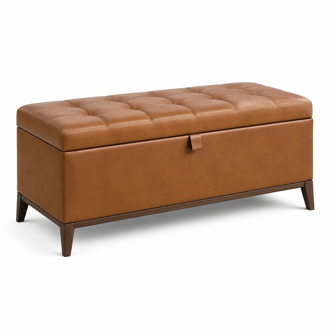 Banc de rangement en cuir synthétique brun avec structure en bois