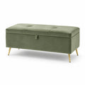 Banc de rangement en velours vert avec pieds en métal doré 120cm