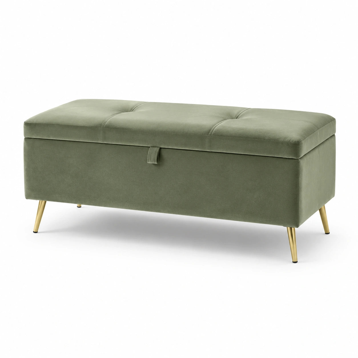 Banc de rangement en velours vert avec pieds en métal doré 120cm