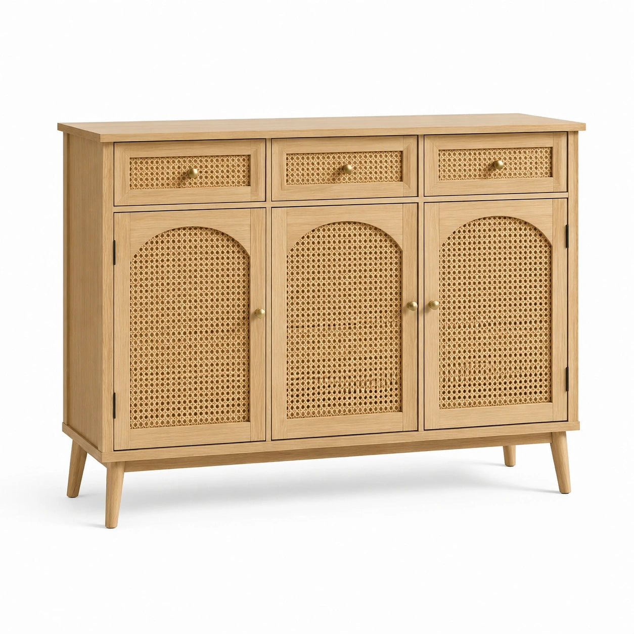 Buffet en bois avec portes en rotin et tiroirs