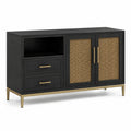 Buffet en bois noir et rotin avec métal, 2 portes et 2 tiroirs