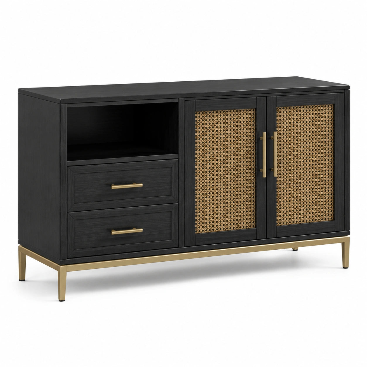 Buffet en bois noir et rotin avec métal, 2 portes et 2 tiroirs