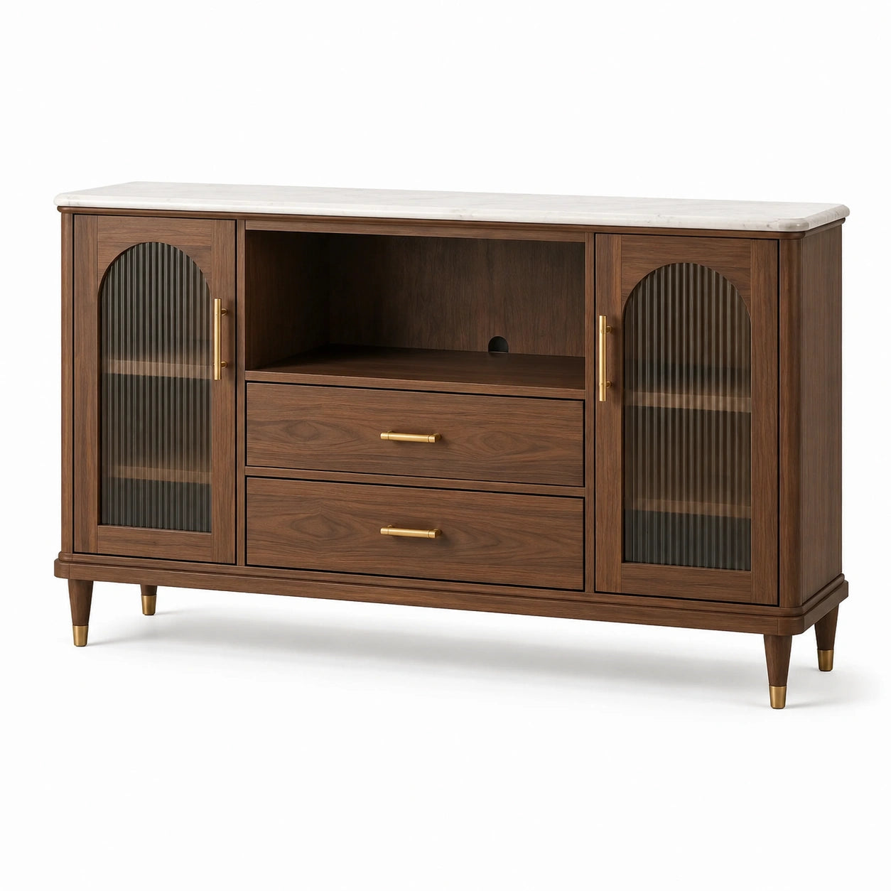 Buffet en bois de noyer avec portes en verre et plateau en marbre
