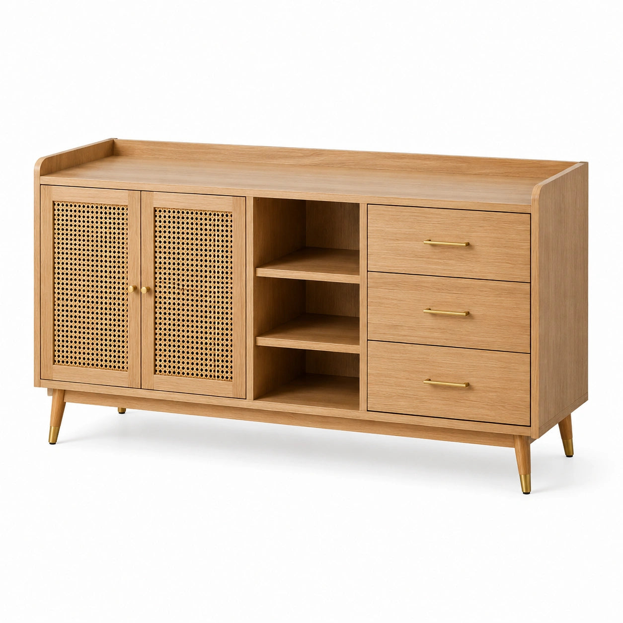 Buffet en bois avec portes en cannage et tiroirs