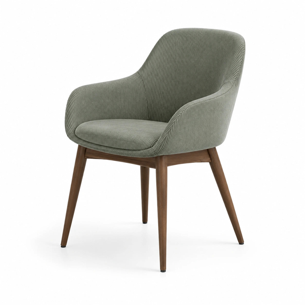 Chaise en velours côtelé vert avec pieds en bois d'hévéa