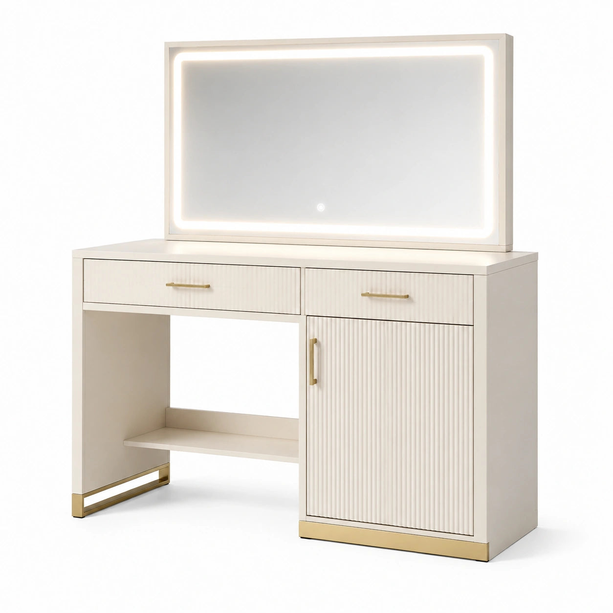 Coiffeuse en Bois avec Miroir LED Beige 2 Tiroirs 1 Porte