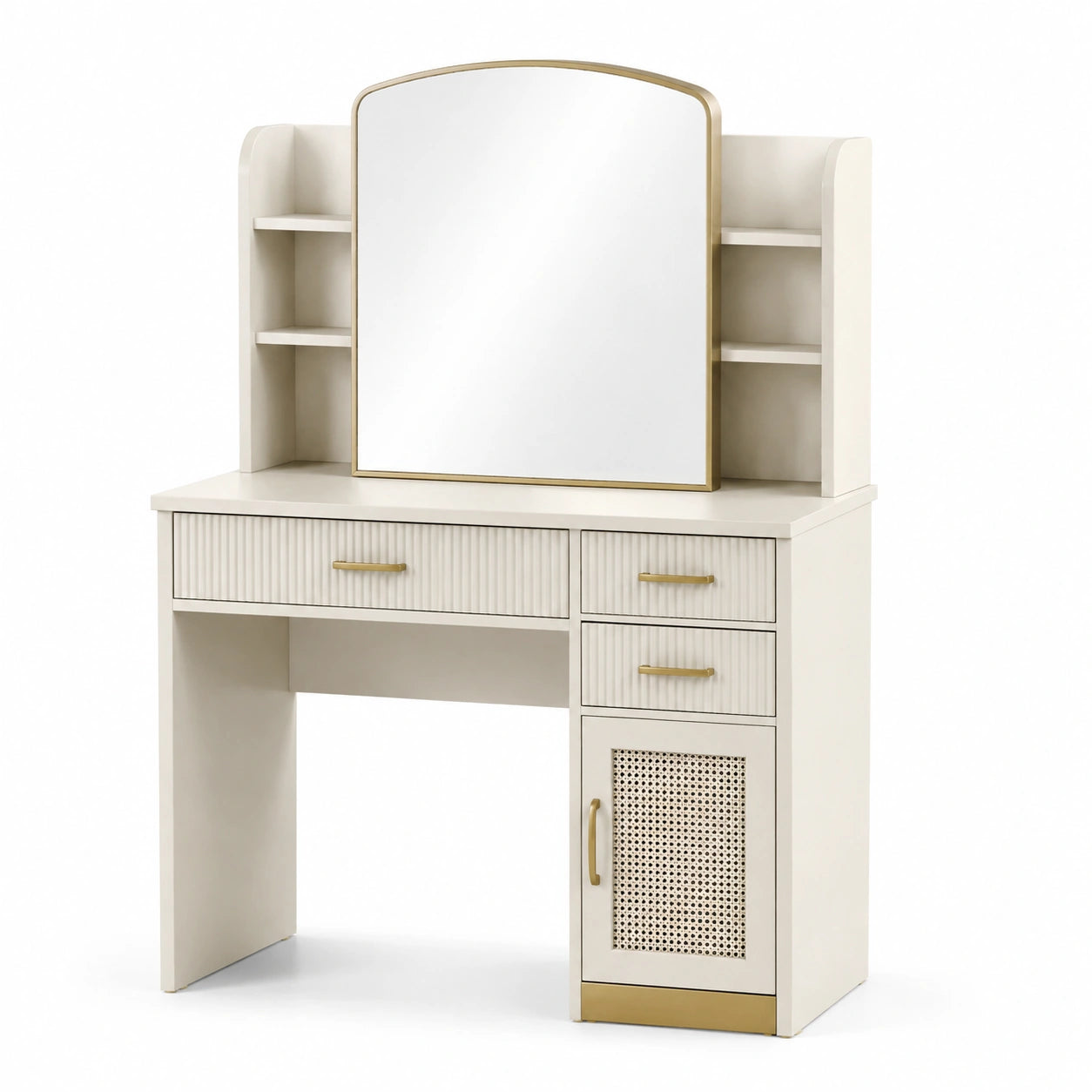 Coiffeuse en Bois de Pin avec Miroir Crème et Doré 140cm