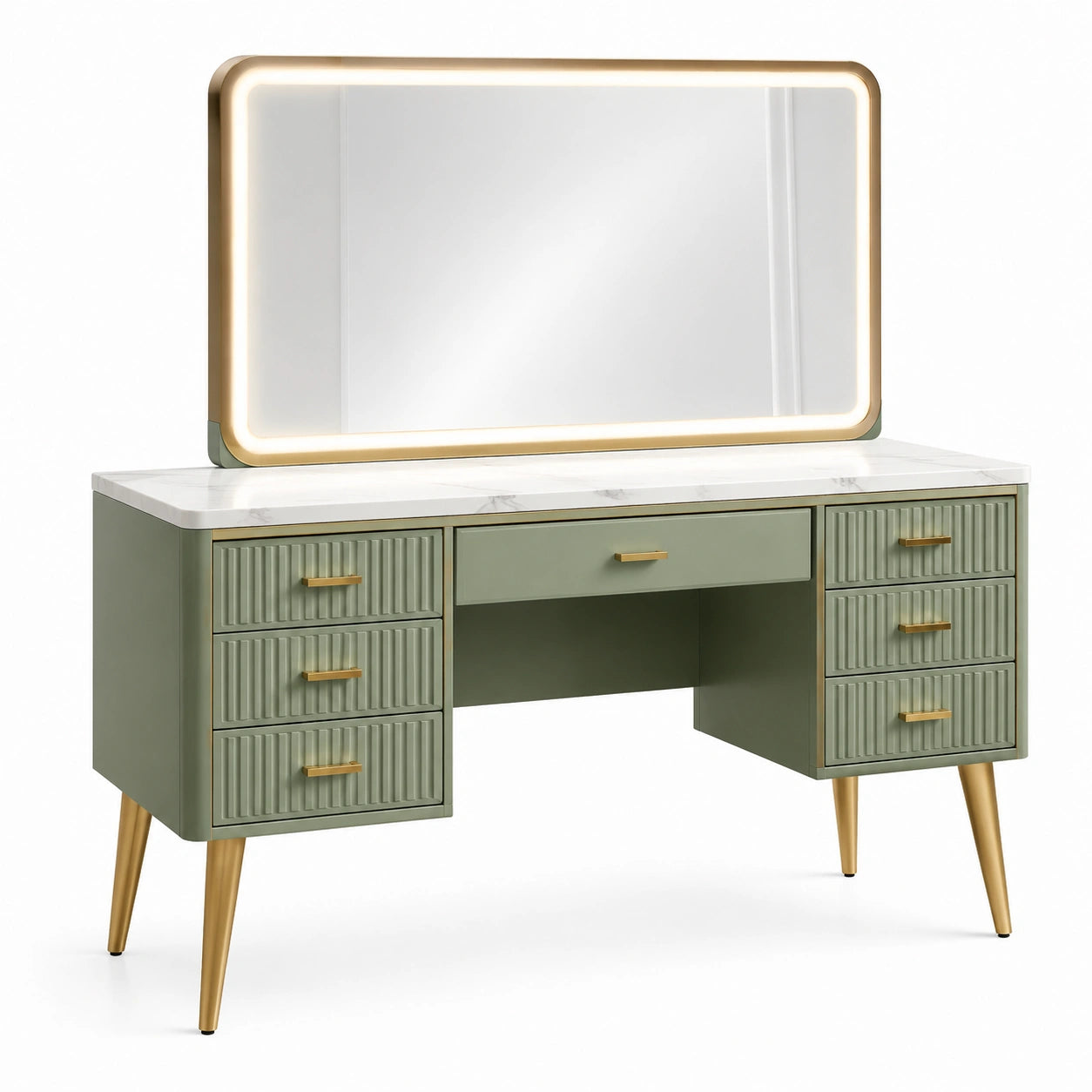 Coiffeuse en bois avec miroir LED et plateau en marbre 140 cm