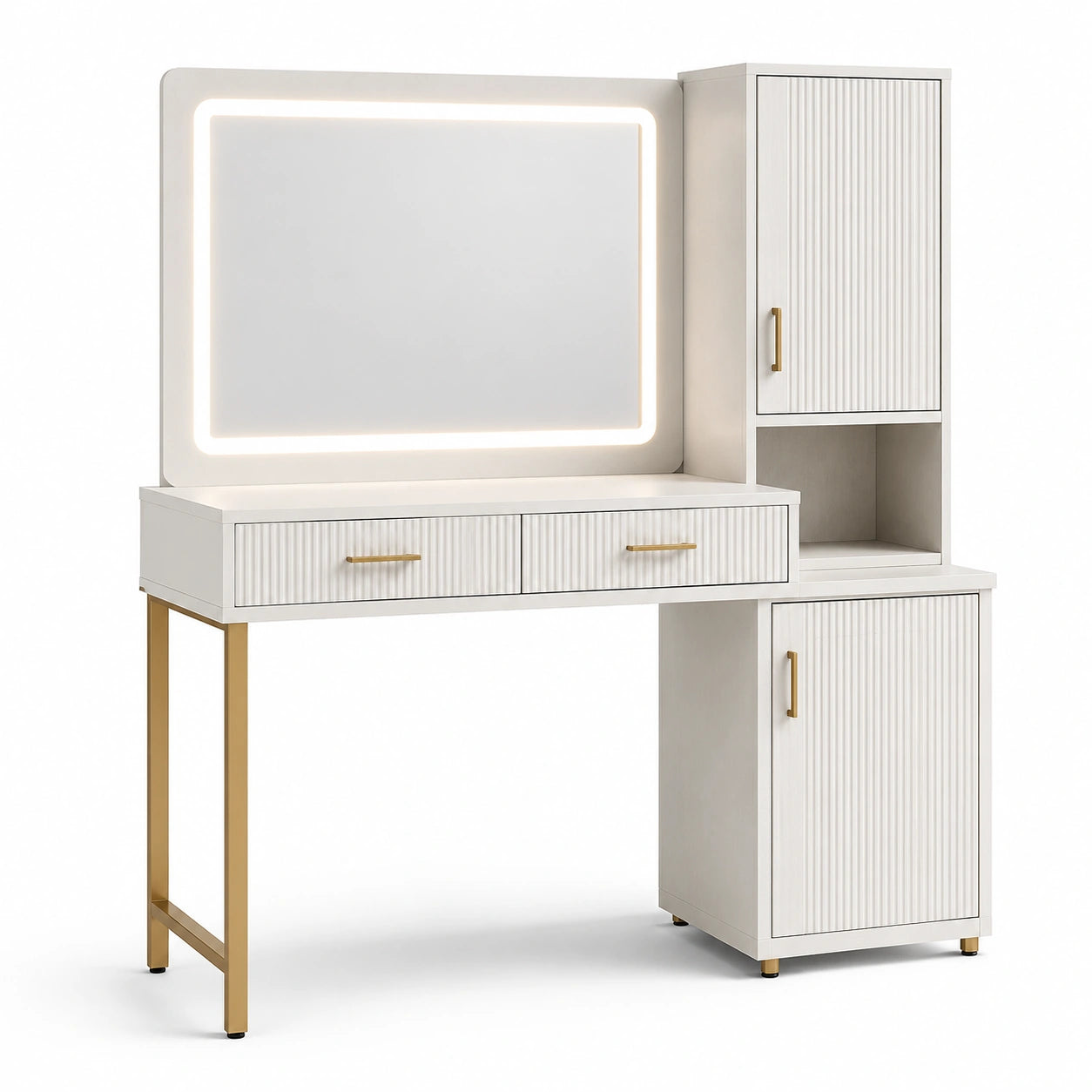 Coiffeuse en bois avec miroir LED et pieds en métal doré