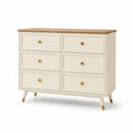 Commode en bois MDF avec dessus en chêne, 6 tiroirs, beige