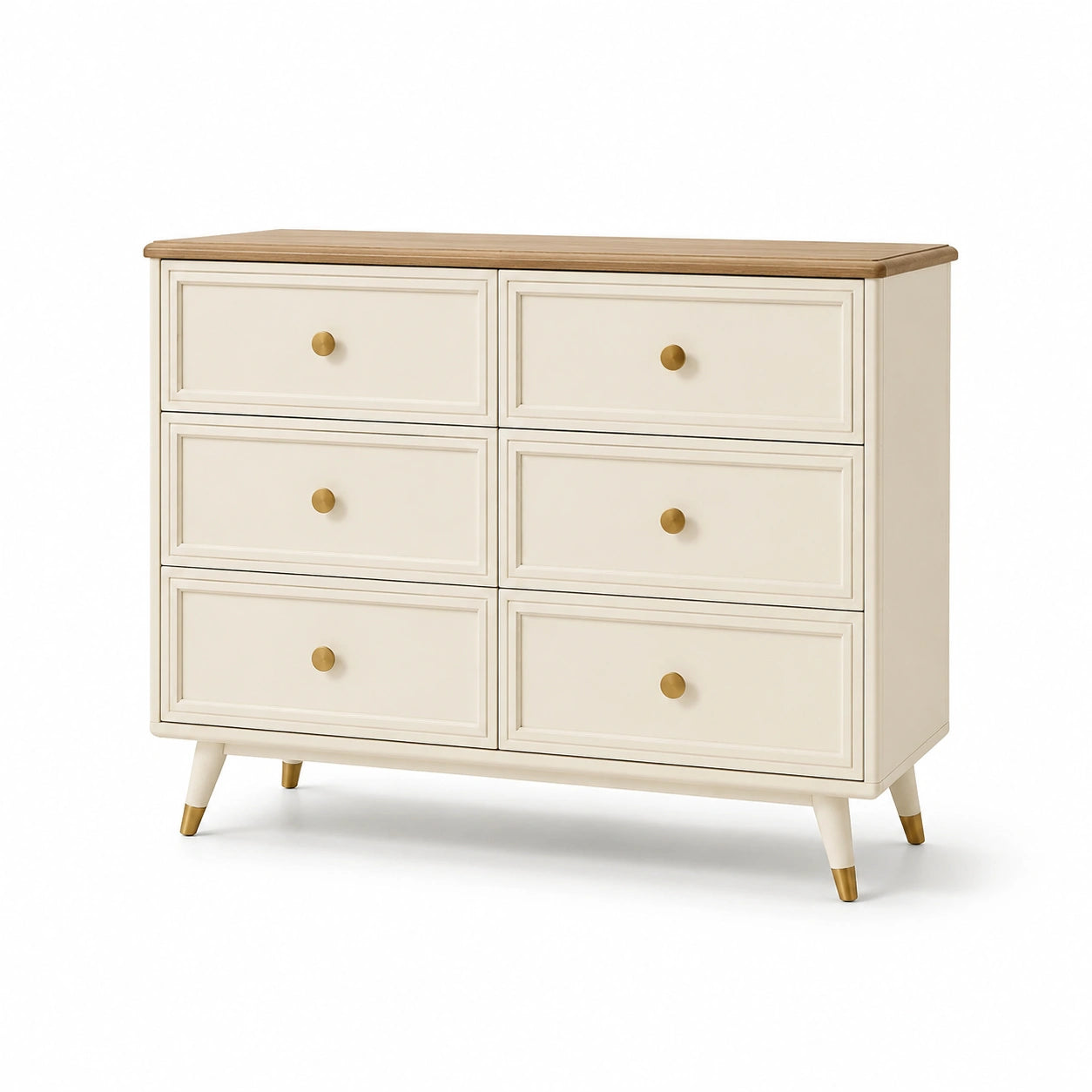Commode en bois MDF avec dessus en chêne, 6 tiroirs, beige