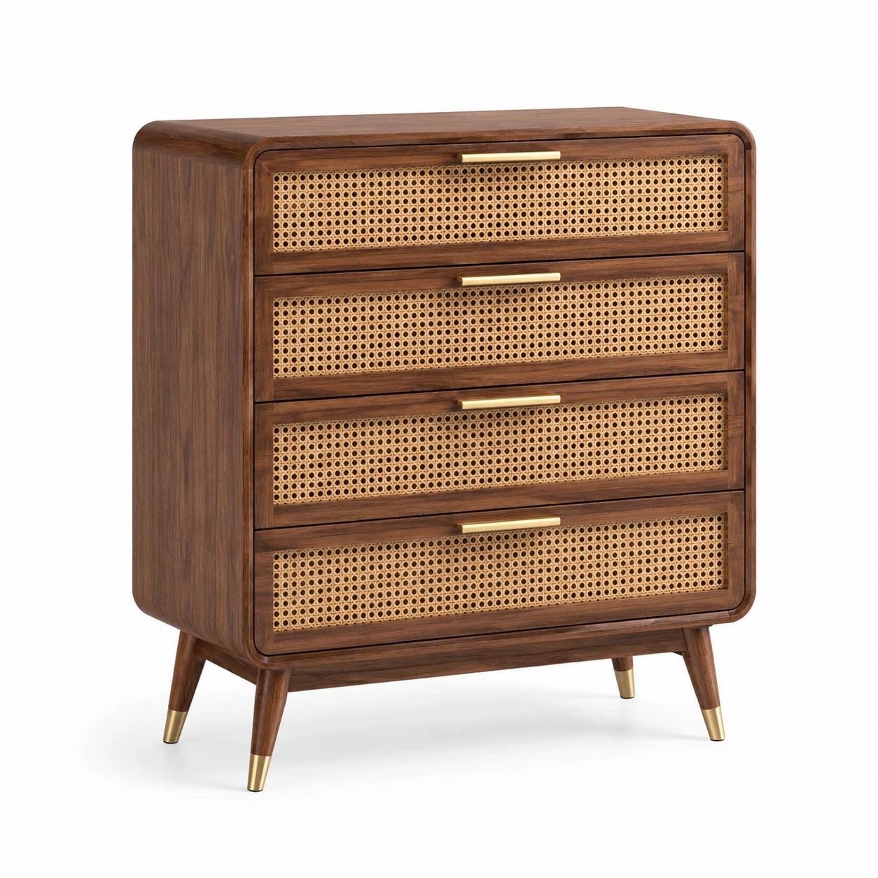 Commode en bois et rotin avec 4 tiroirs