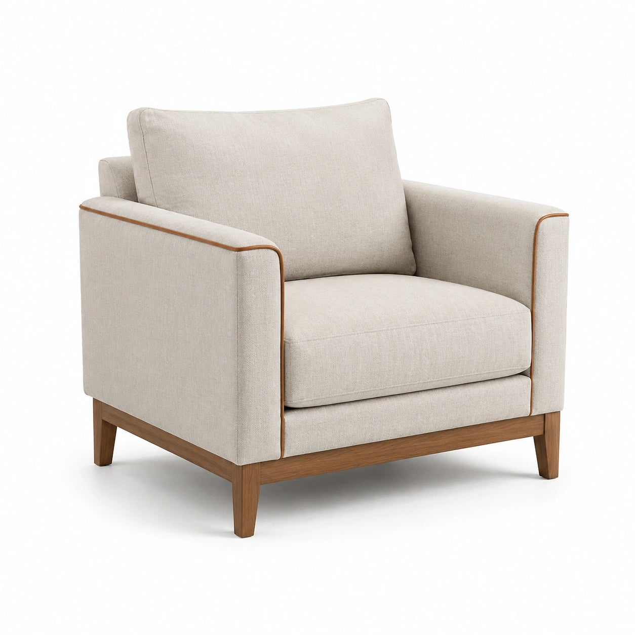 Fauteuil en tissu lin beige avec cadre en bois massif