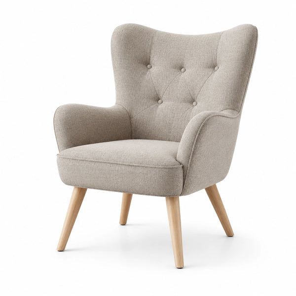 Fauteuil en tissu polyester beige avec pieds en bois de hêtre