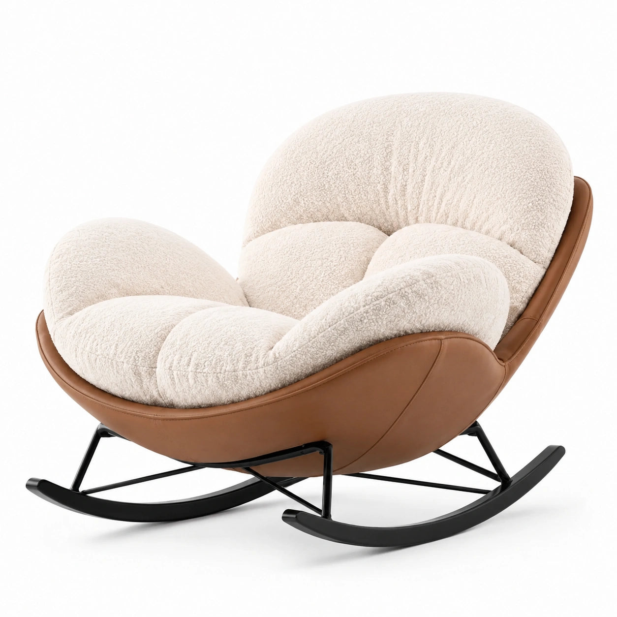 Fauteuil à bascule en acier beige et brun en polyester et cuir