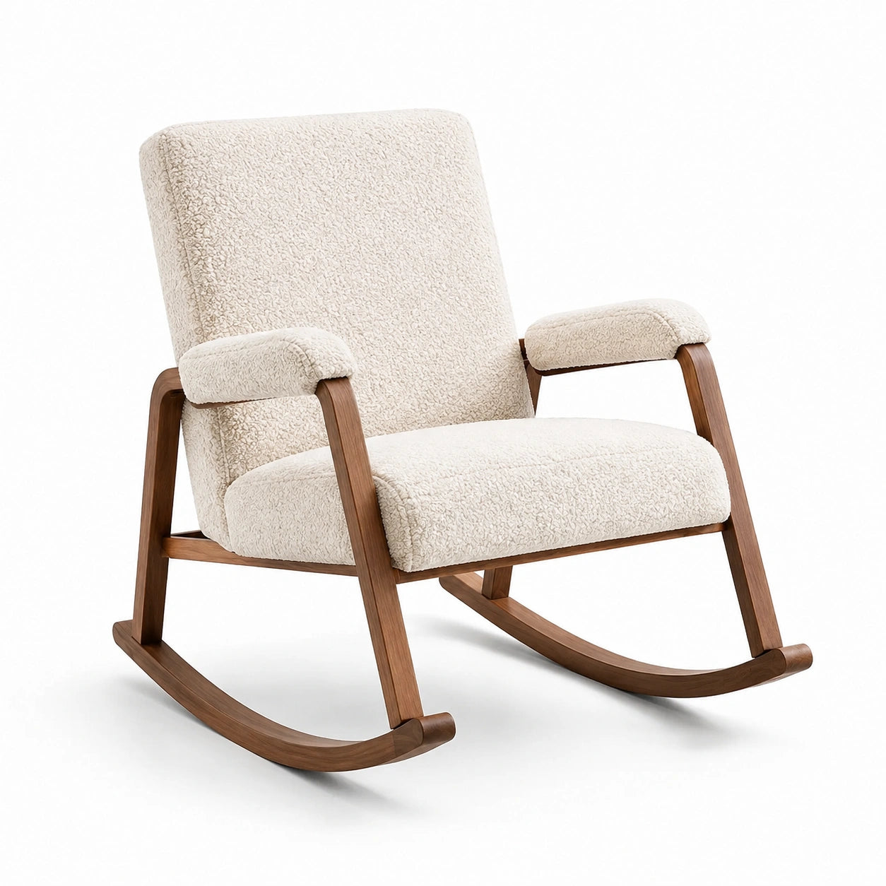 Fauteuil à bascule en bois noyer tissu bouclé beige