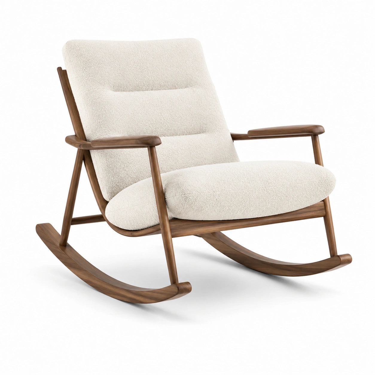 Fauteuil à bascule en bois et tissu bouclé blanc