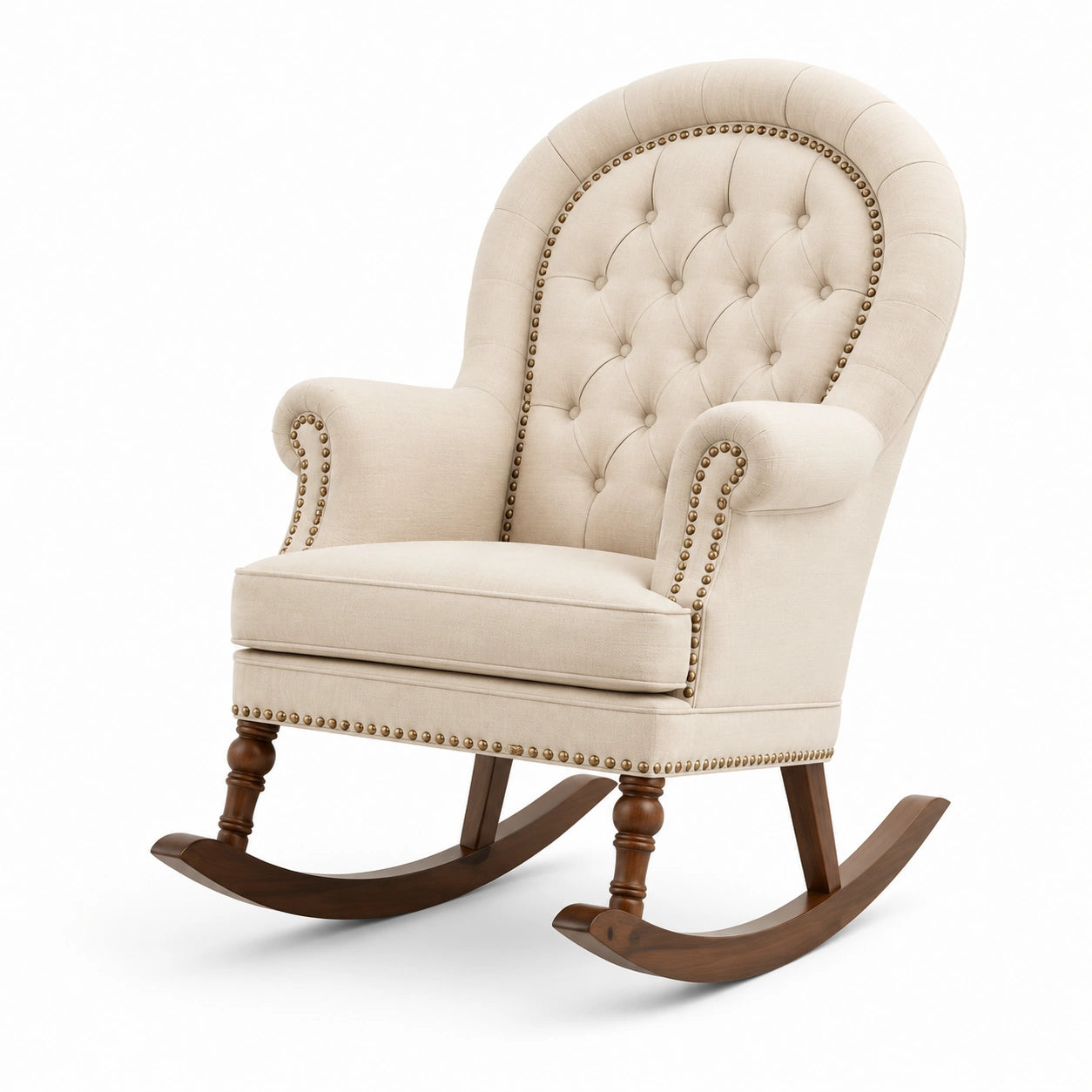 Fauteuil à bascule en lin beige avec cadre en bois
