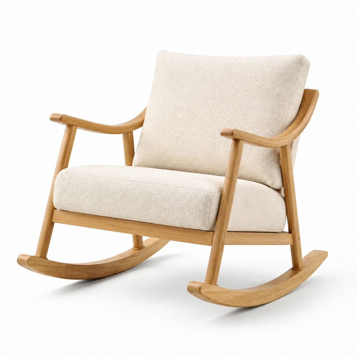 Fauteuil à bascule en bois et tissu bouclette crème