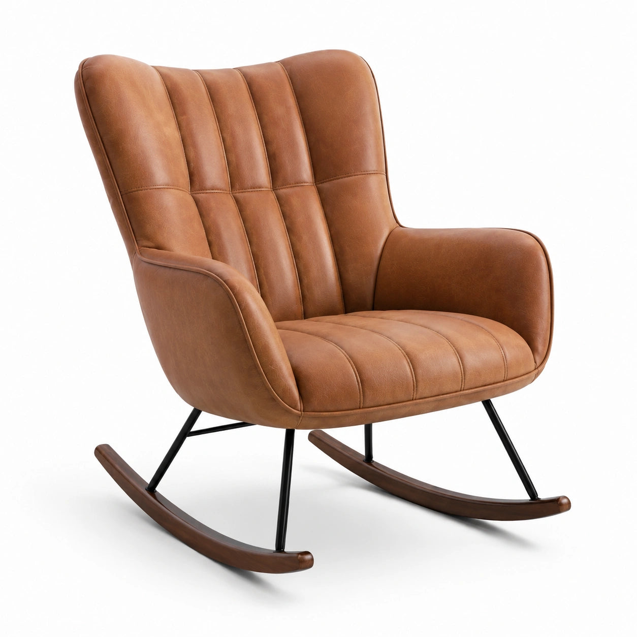 Fauteuil à bascule en cuir synthétique marron et métal